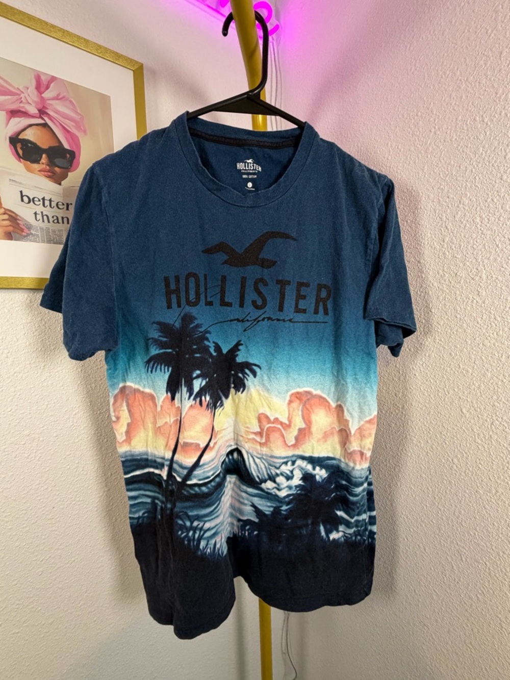Hollister Sunset Palm Graphic Tee Y2K - Navy & Teal - Large